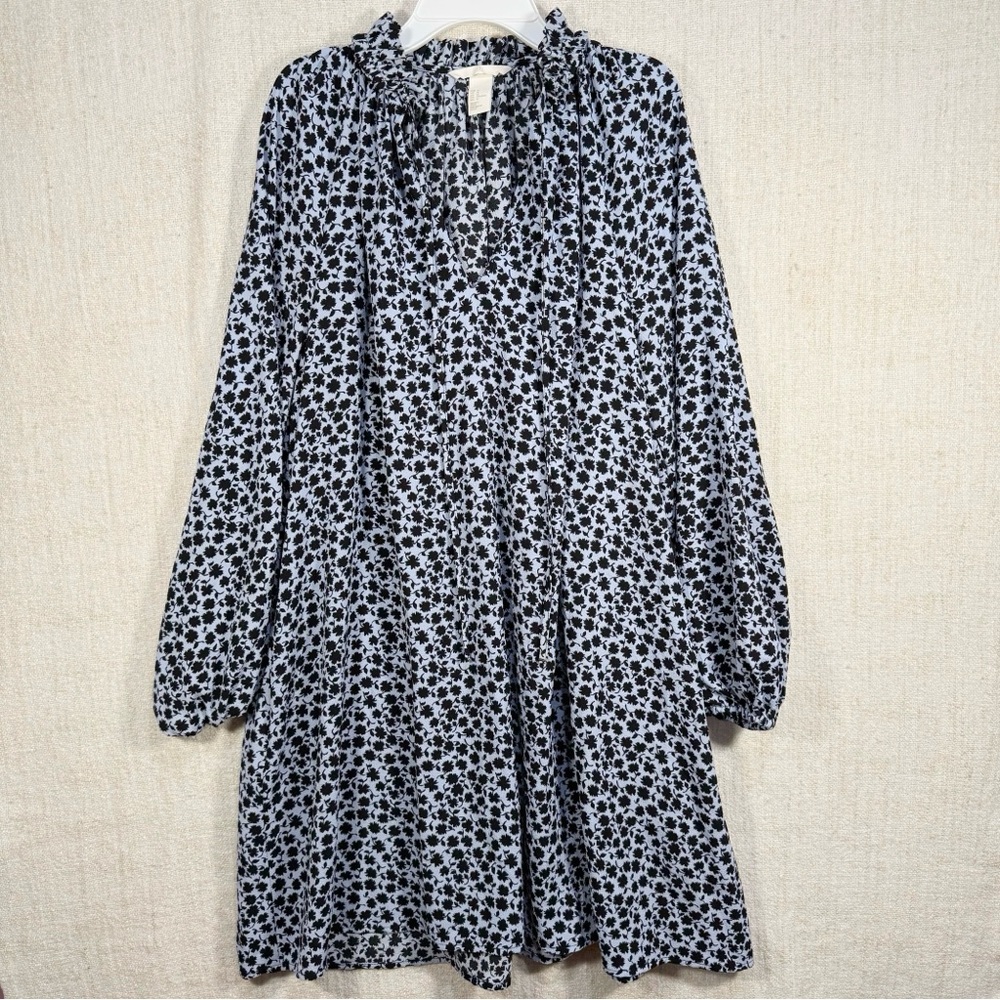 H&M Blue Black Floral Shift Dress With Ruffles Women’s Size 14 A-line EUC